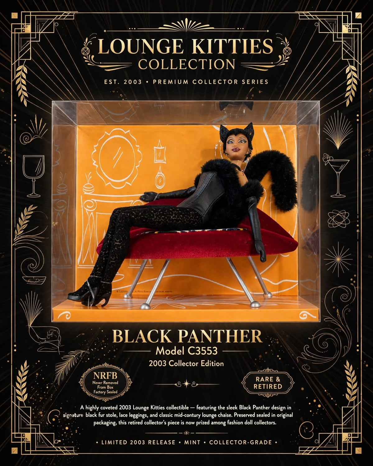 RARE 2003 Lounge Kitties BLACK PANTHER Barbie C3553 NRFB - Factory Sealed w/ Chaise Lounge